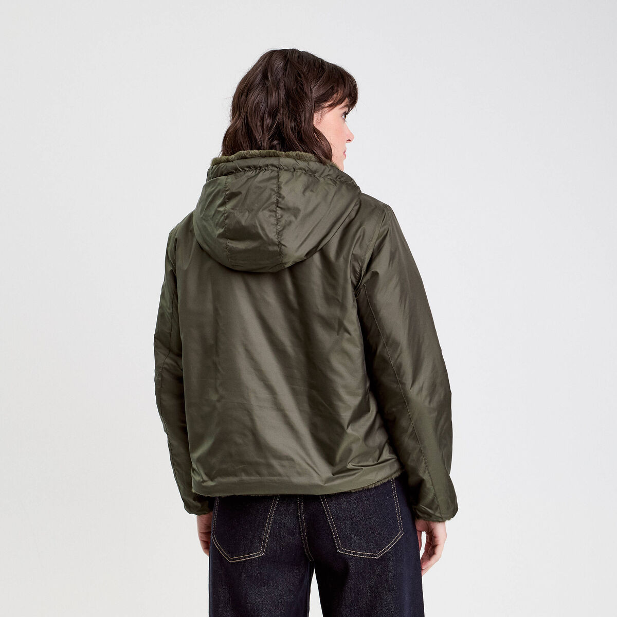 Parka réversible à capuche vert kaki femme