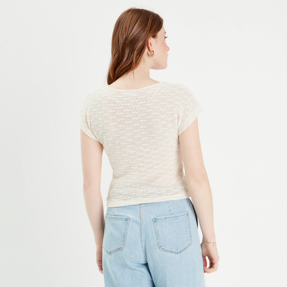 T-shirt manches courtes ajouré creme femme