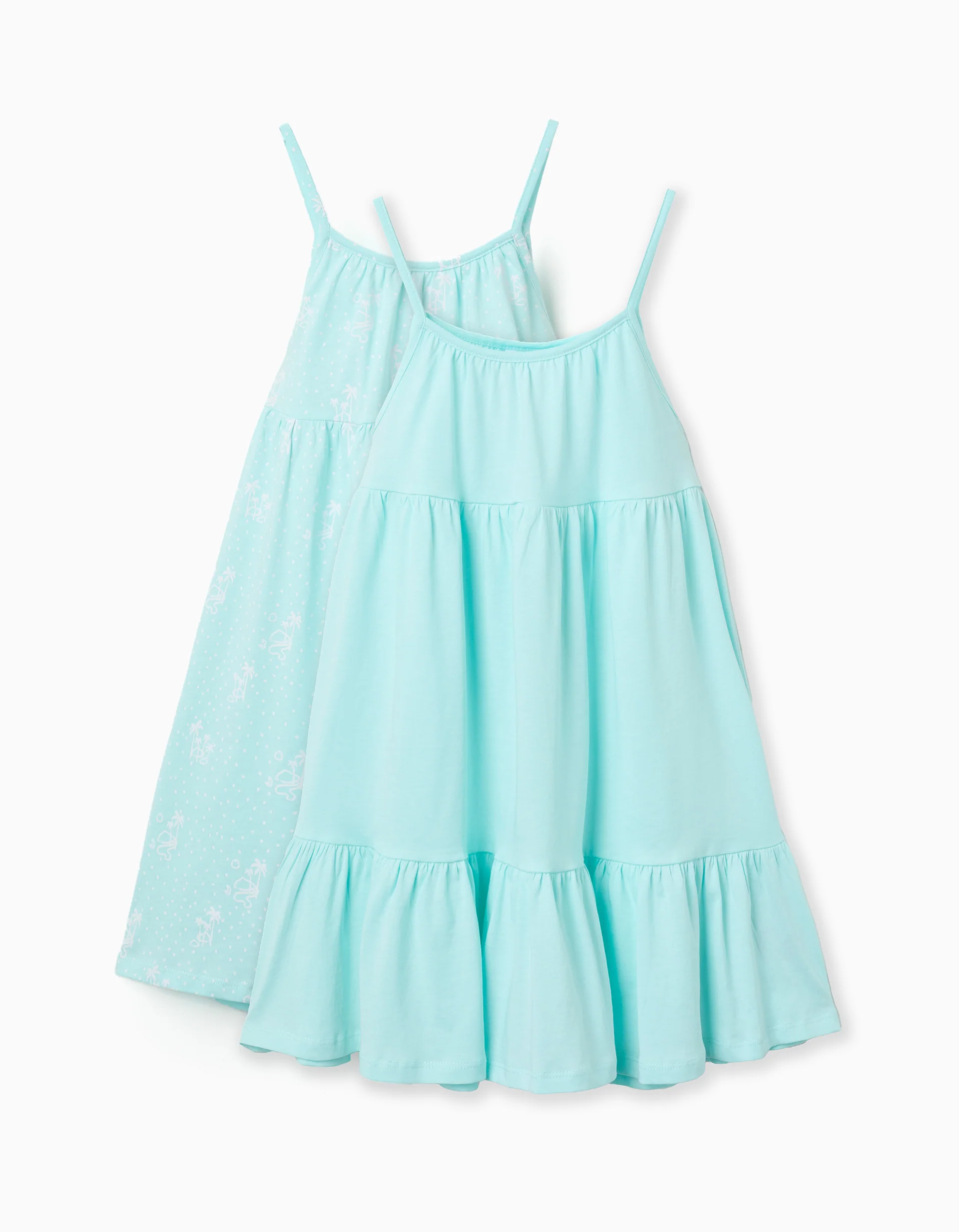 Pack of 2 plain and printed sleeveless dresses for girls, light blue