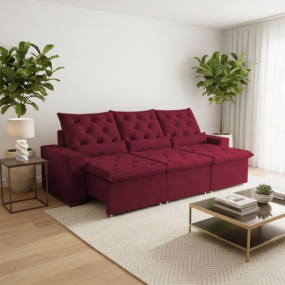 Sofá Retrátil 290m 3 Lugares Suede Luxo com Sistema Max Reclinável Milão Vermelho