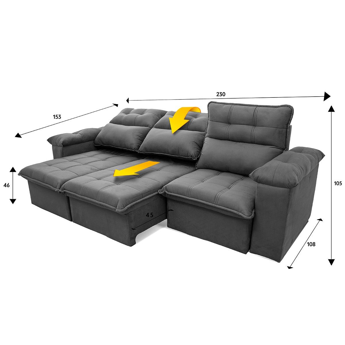 Sofá Retrátil/reclinável Verona 2,30m Suede Velut Cinza com Molas no Assento - King House