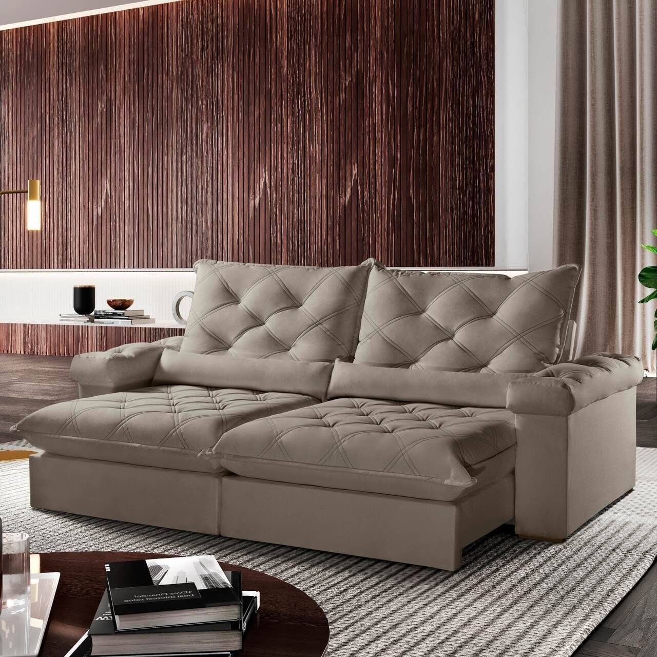 Sofá Retrátil e Reclinável 2,80m 4 Lugares Pillow com 18cm Fibra Siliconada Veneza - Movenzo Estofad