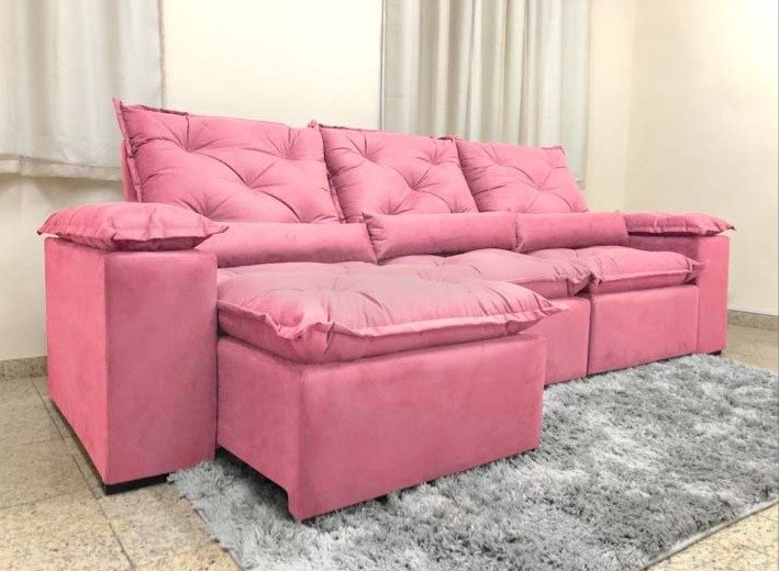 Sofá Retrátil e Reclinável 2,70m em Tecido Veludão C/pillow Nos Braços Athenas:rosa
