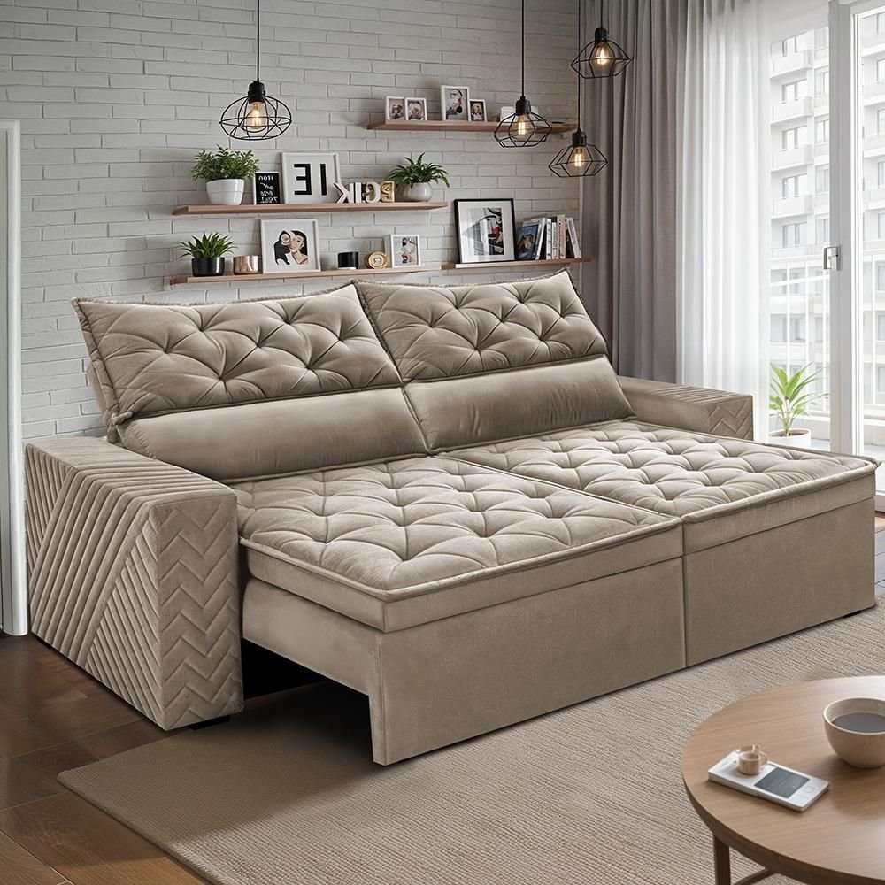 Sofá Retrátil e Reclinável 2,00m Essence Velusoft Bege Cama Inbox