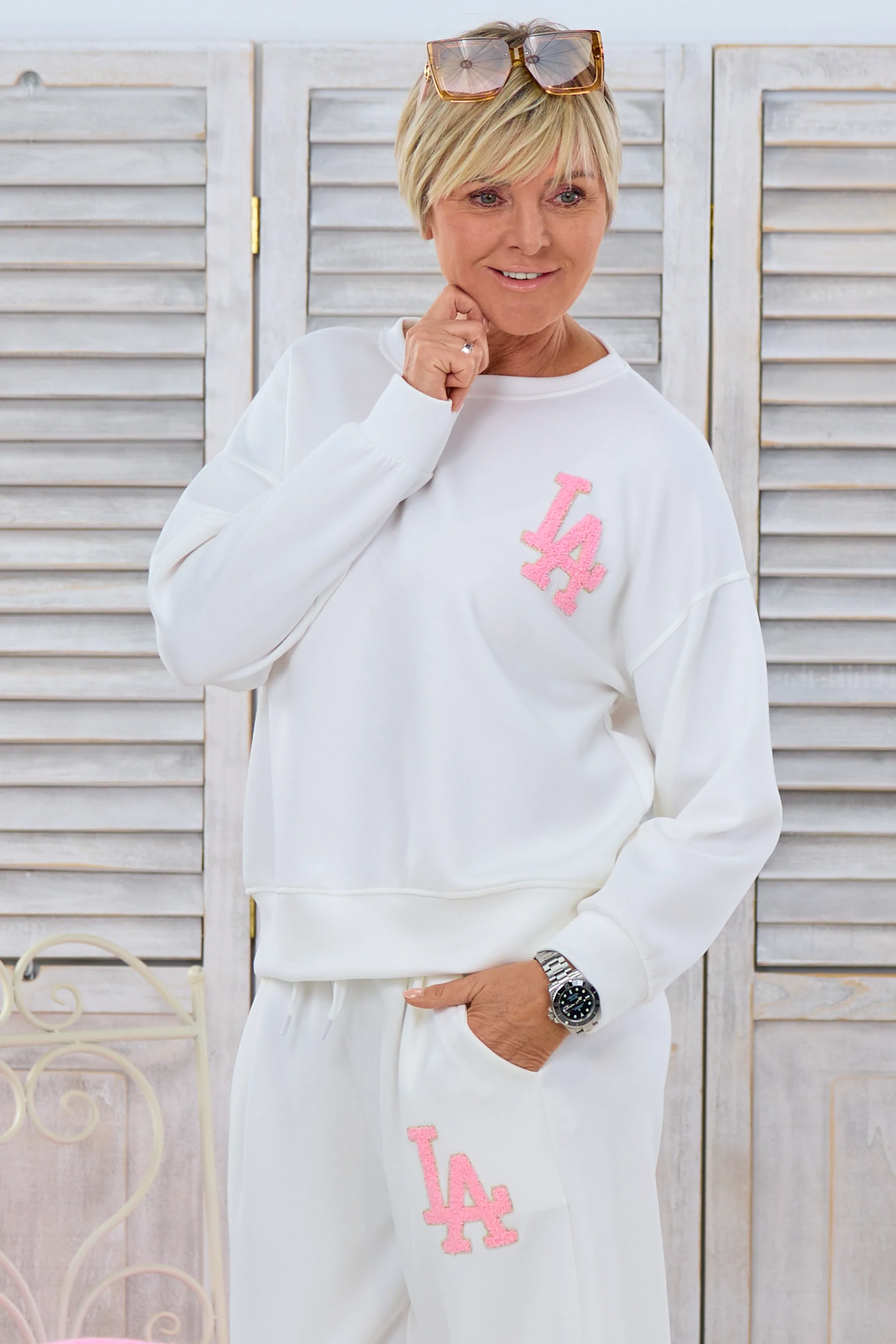 Cozy Shirt mit LA-Flock, ecru-rosa