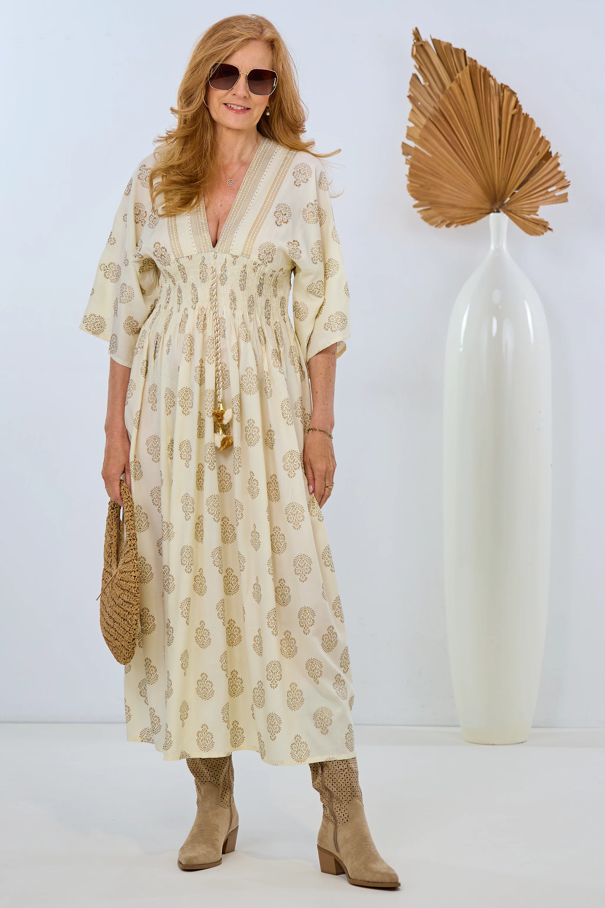 Langes Kleid im Boho-Style, creme-gold