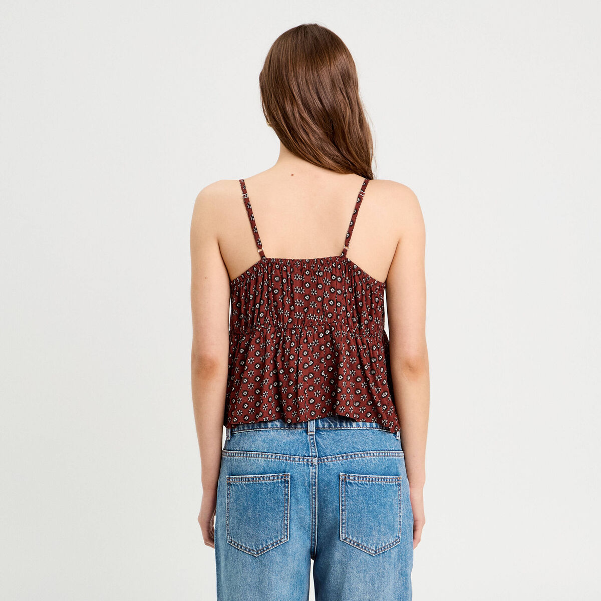 Débardeur noeuds bretelles fines marron cognac femme