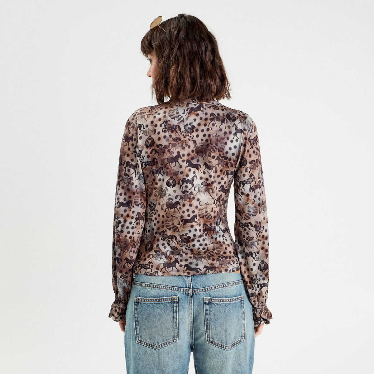 T-shirt col montant marron femme