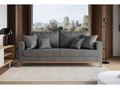 Sofá 3 Lugares Beny Base de Madeira Linho Cinza Madeira Prima