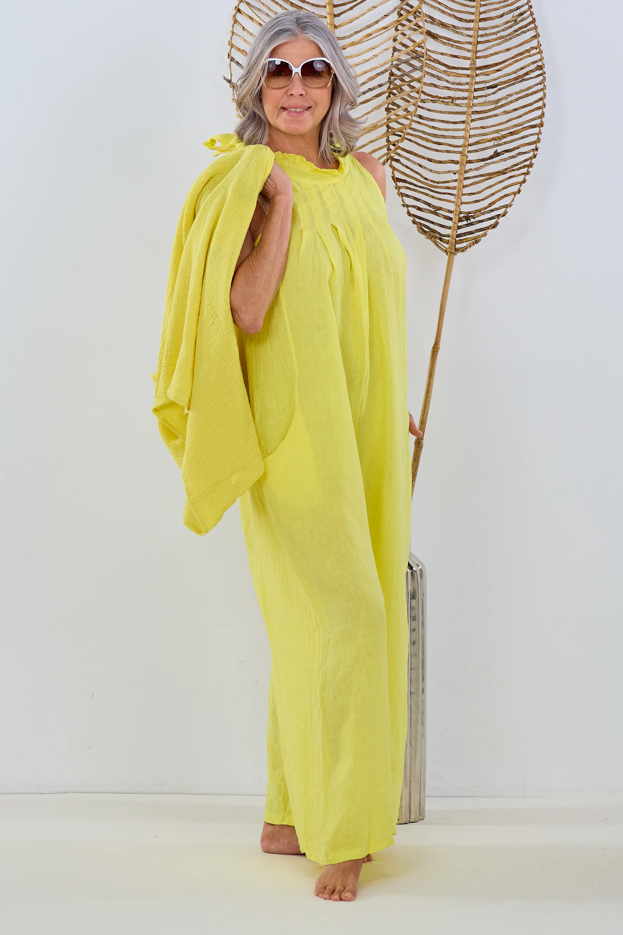 Leinen Overall mit Schleife, gelb