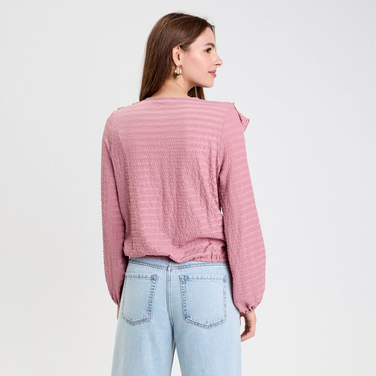 Blouse manches longues aspect dentelle vieux rose femme