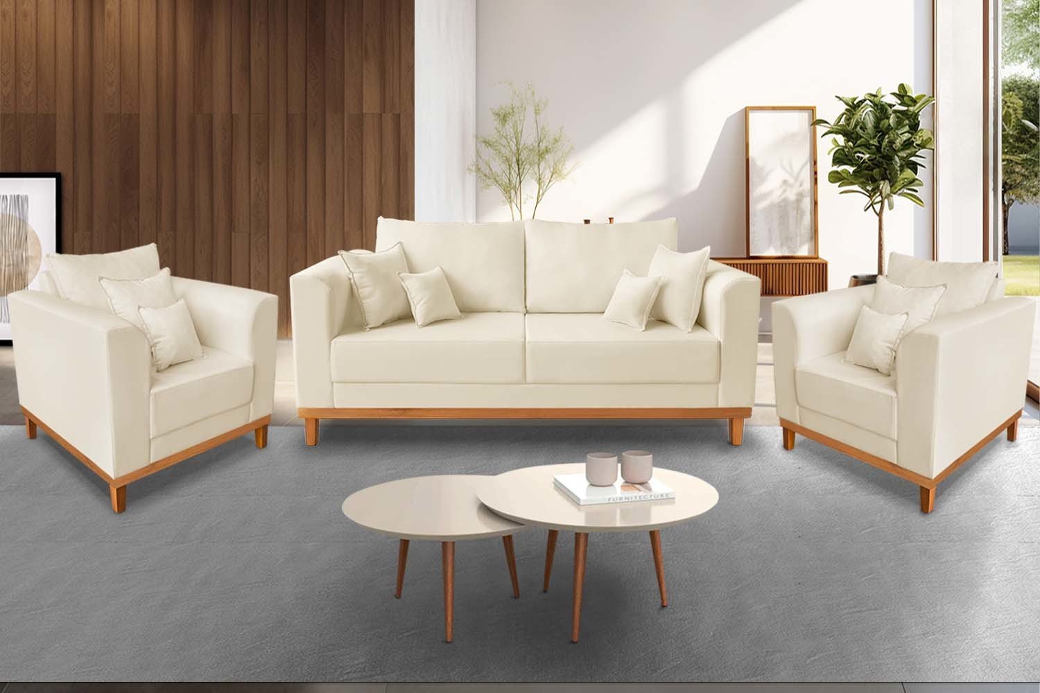 Kit Sofá 3 Lugares e 2 Poltronas Beny Viena com Base de Madeira Suede Bege - Madeira Prima Deccor