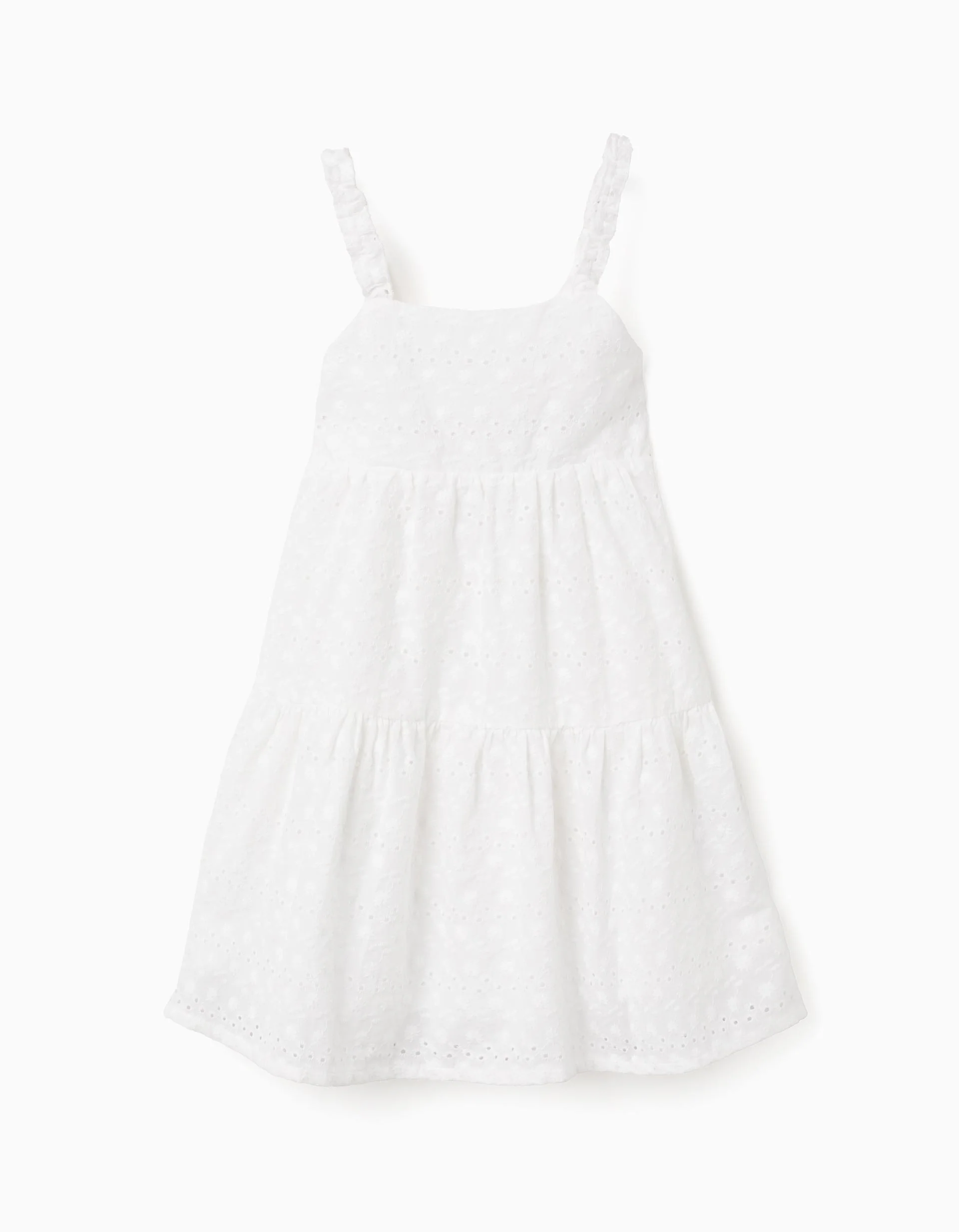 Strappy cotton dress with broderie anglaise for girls, white
