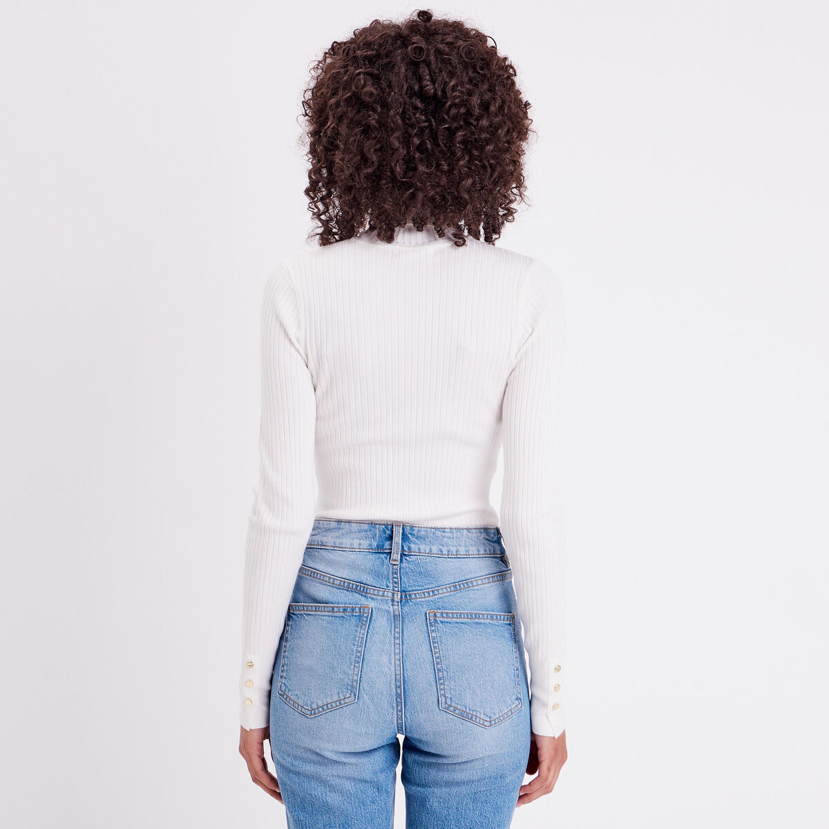 Pull col roulé côtelé ecru femme