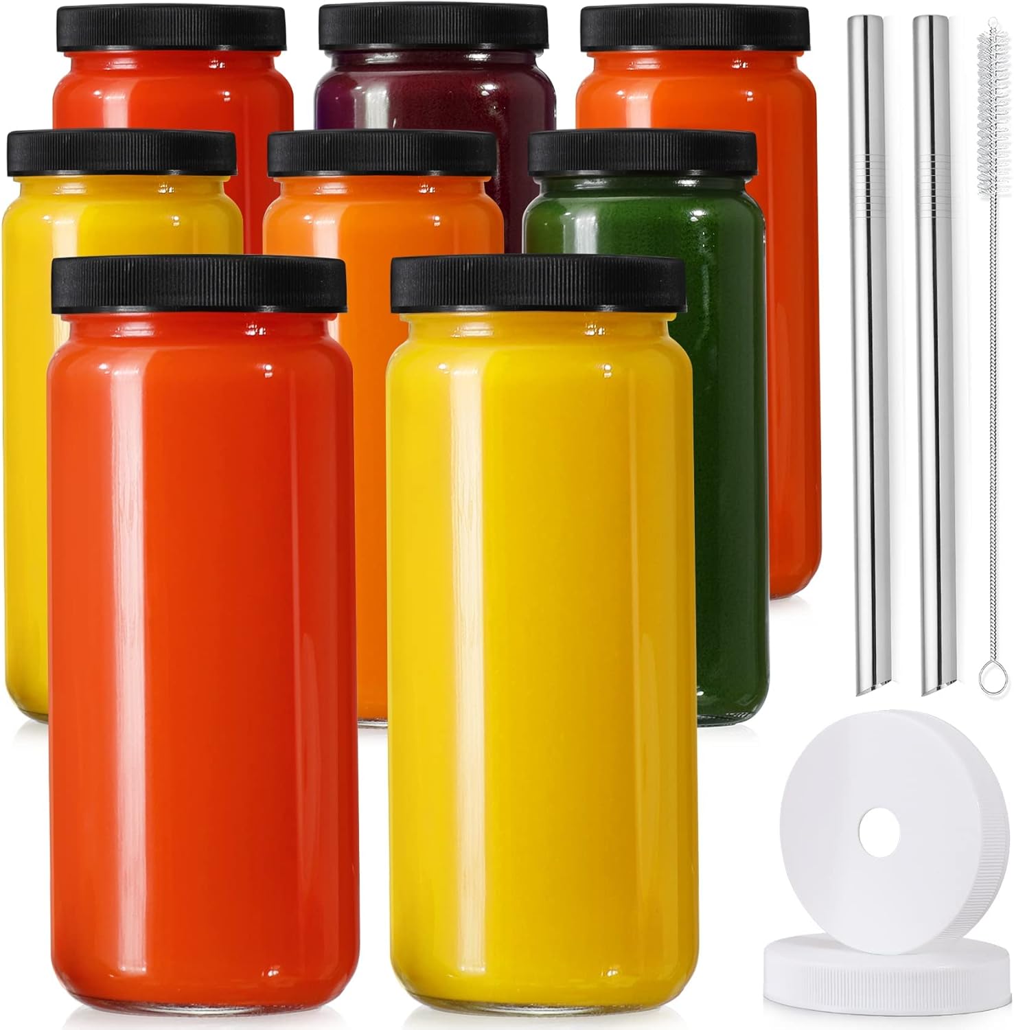 8 Pack ] Glass Juicing Bottles with 2 Straws & 2 Lids w Hole- 16 OZ Travel Drinking Jars  Water Cups with Black Airtight Lids  Reusable Tall Mason Jar for Juice  Bubble Tea  Smoothie  Tea  Kombucha