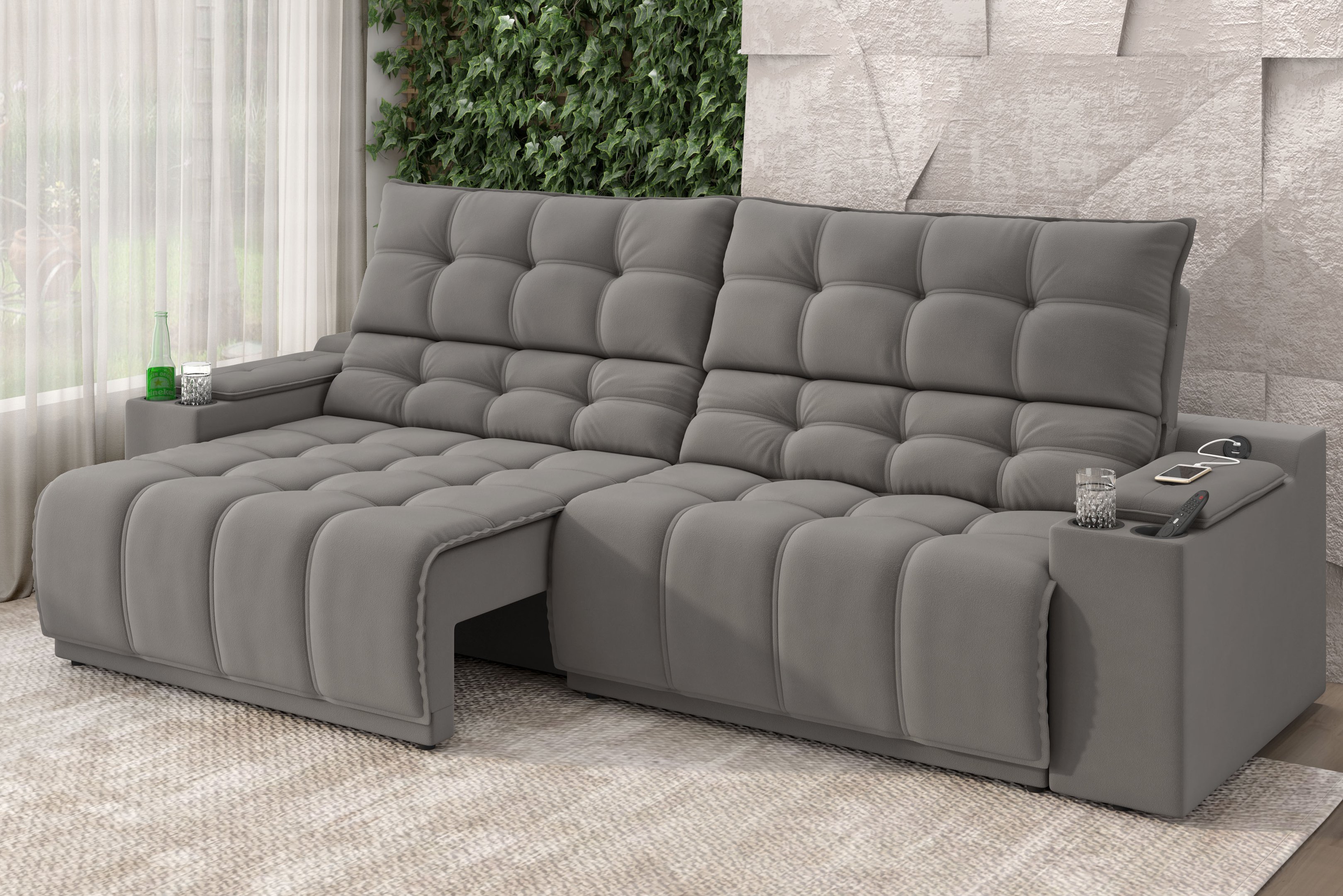 Sofá Connect Premium 2,00m Assento Retrátil/reclinável com Porta Copos e Entrada Usb Suede Cinza