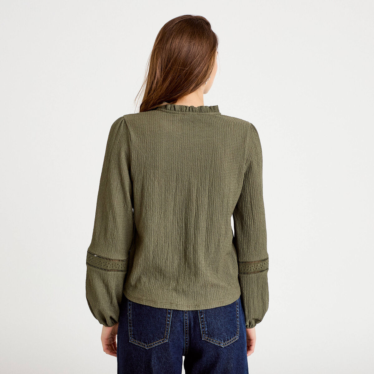 Blouse broderie col V manches longues vert kaki femme