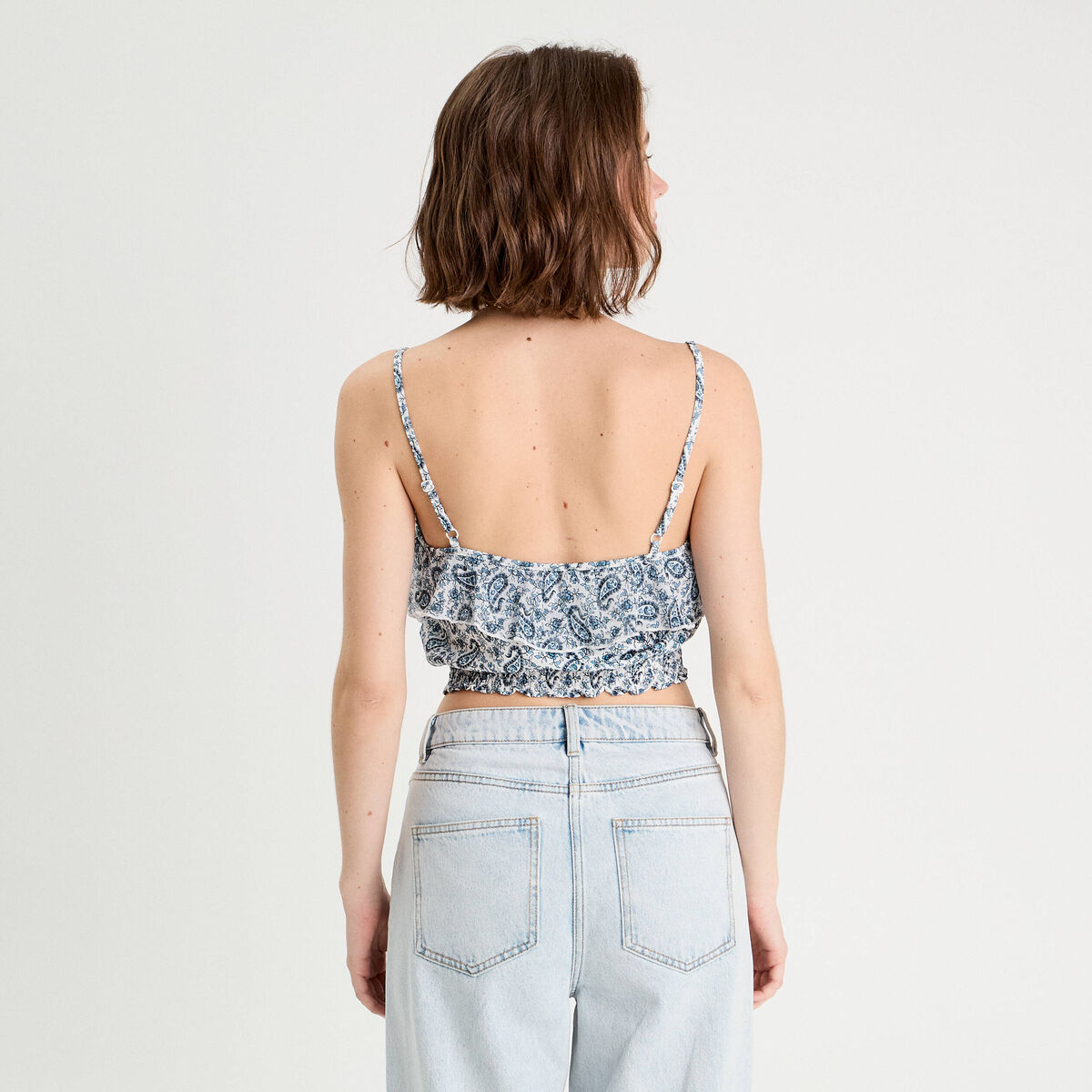 Débardeur cropped volants bleu femme