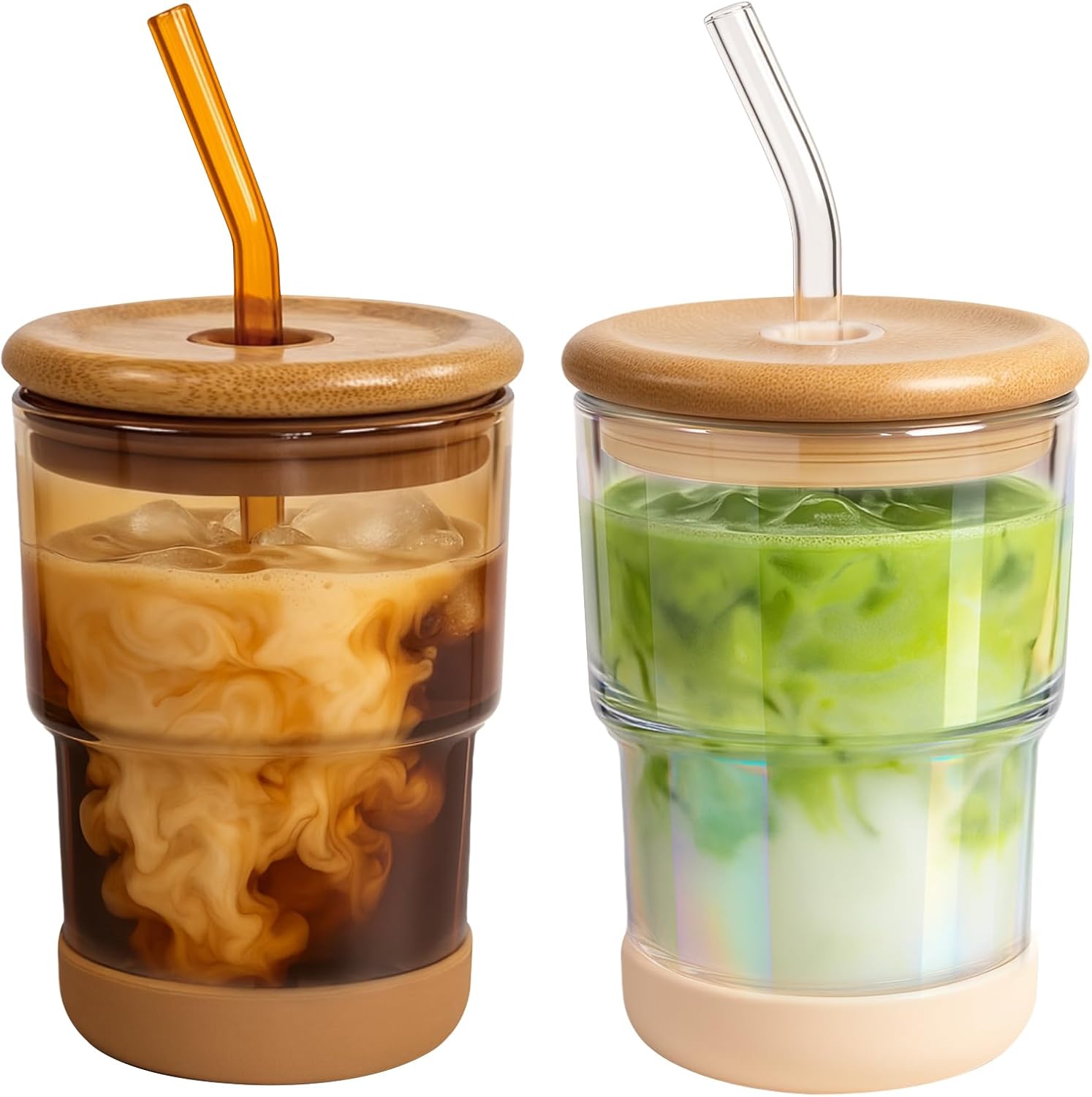 13 oz Glass Iced Coffee Cups with Bamboo Lid and Straw for Office/Home/Work  Zero Plastic  Thick Wall Glass Water Tumbler With Silicone Bottom  Matcha Glasses  ECO Friendly  Amber & Shrimmer