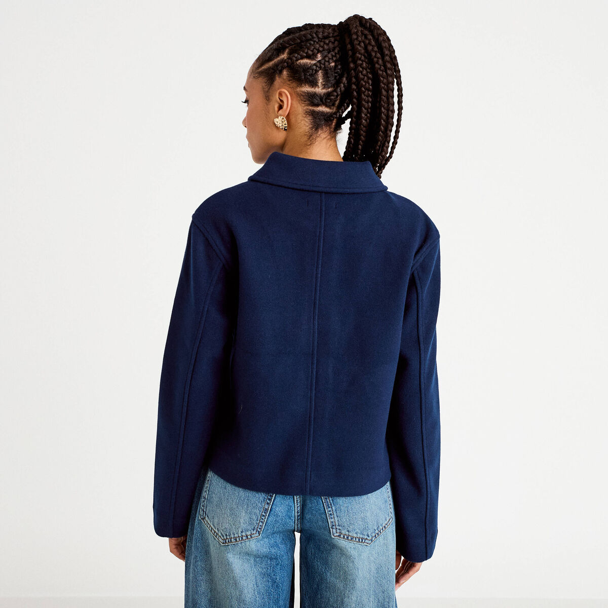 Veste droite courte col classique bleu marine femme
