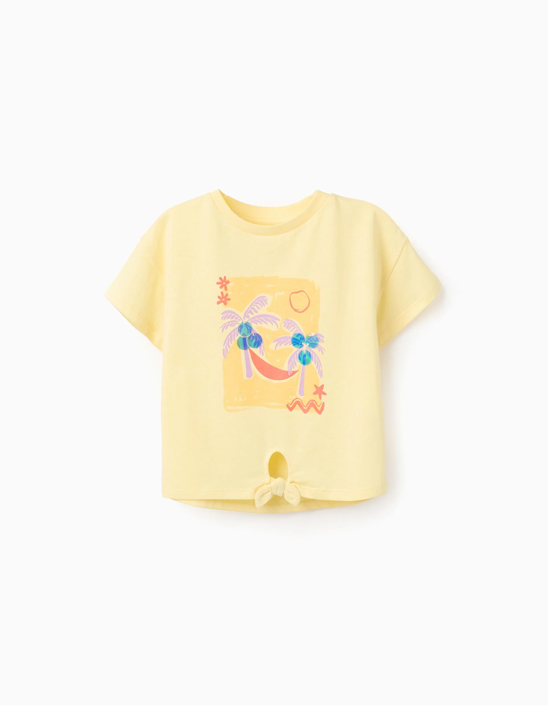 Cotton T-shirt with palm trees print and sequins for girls, yellow