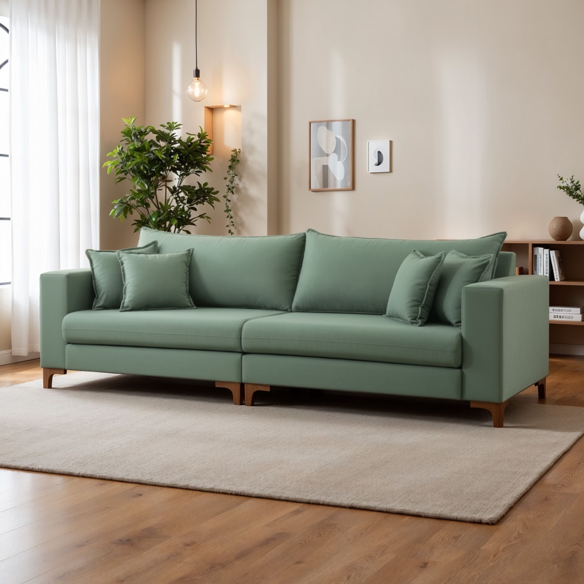 Sofá Living 3 Lugares 220cm Almofadas Soltas Pés Madeira Maciça Madri