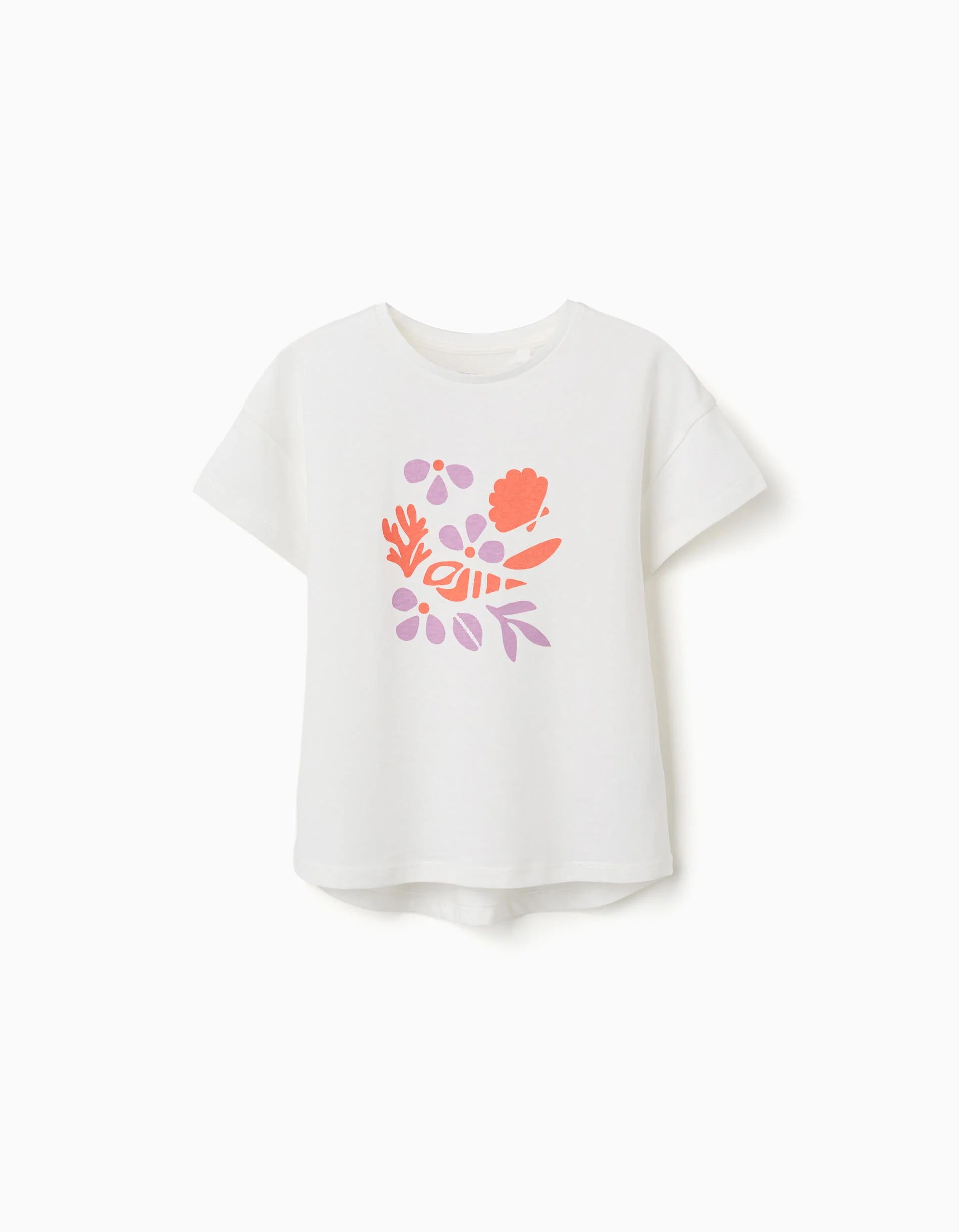 Cotton T-shirt with shell print and dropped shoulders for girls, white