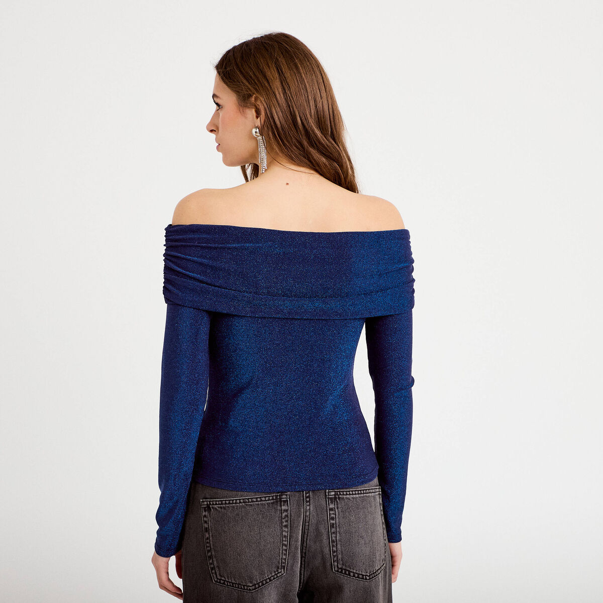 T-shirt col bardot brillant bleu foncé femme