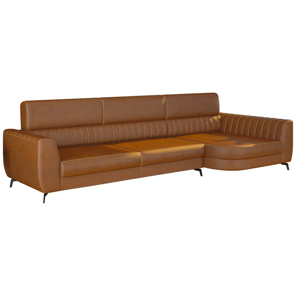 Sofá com Chaise 3 Lugares 260cm Flames Courino Caramelo - Sallar Home