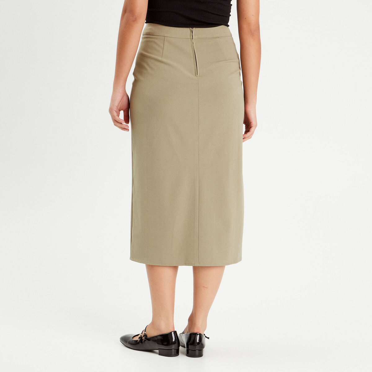 Jupe midi droite vert kaki femme