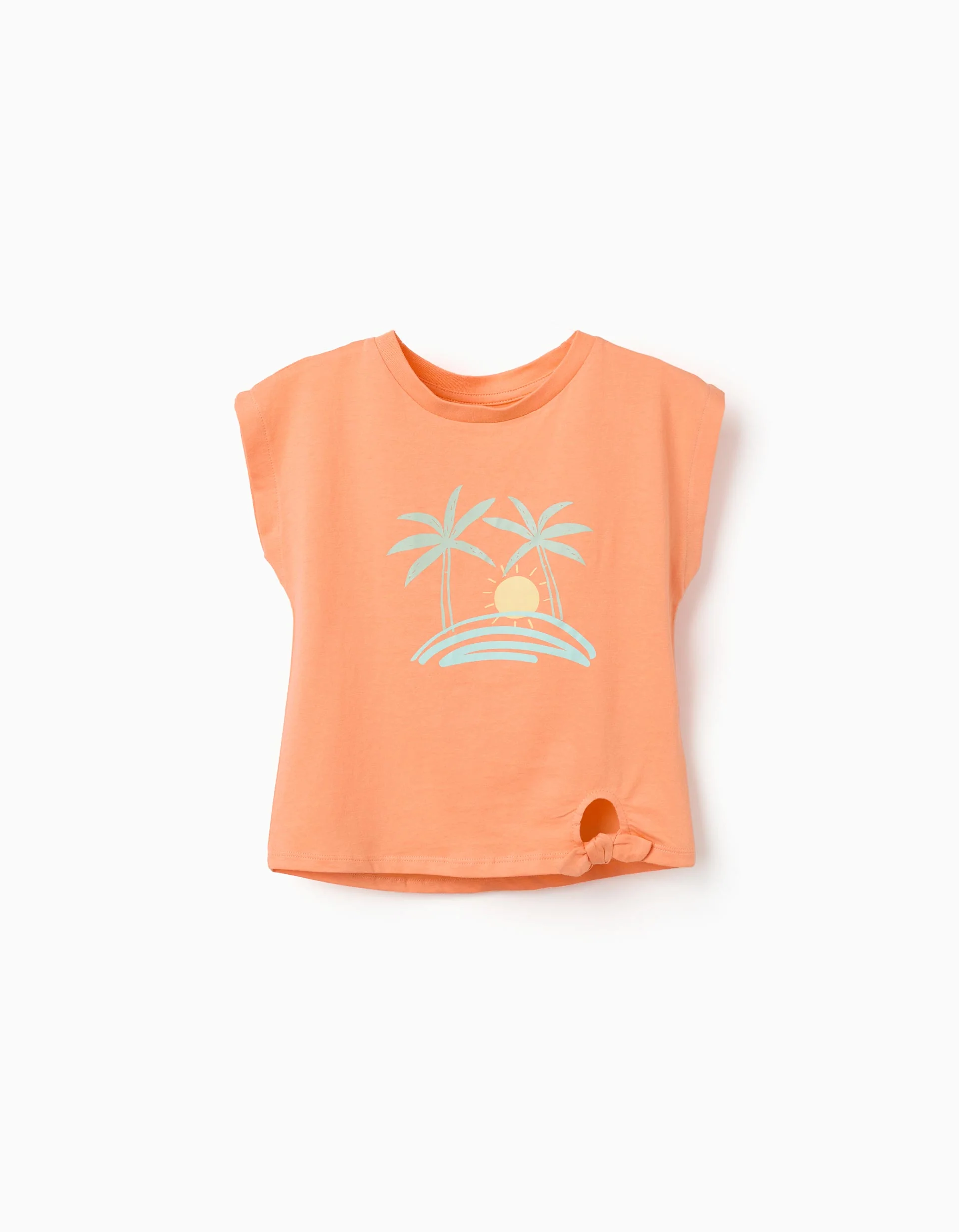 Cotton T-shirt with sun and palm trees print for girls, orange