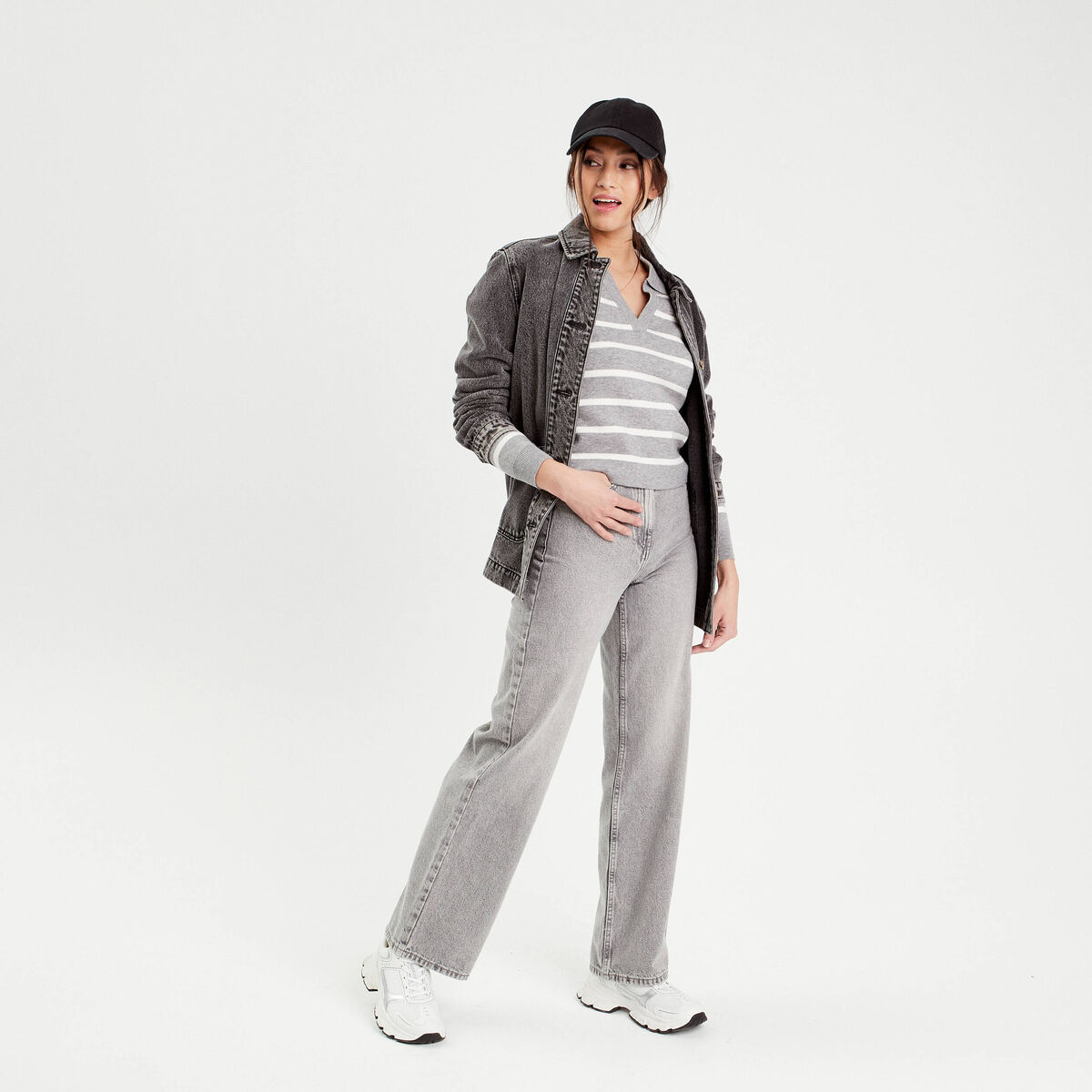 Pull manches longues col polo gris clair femme