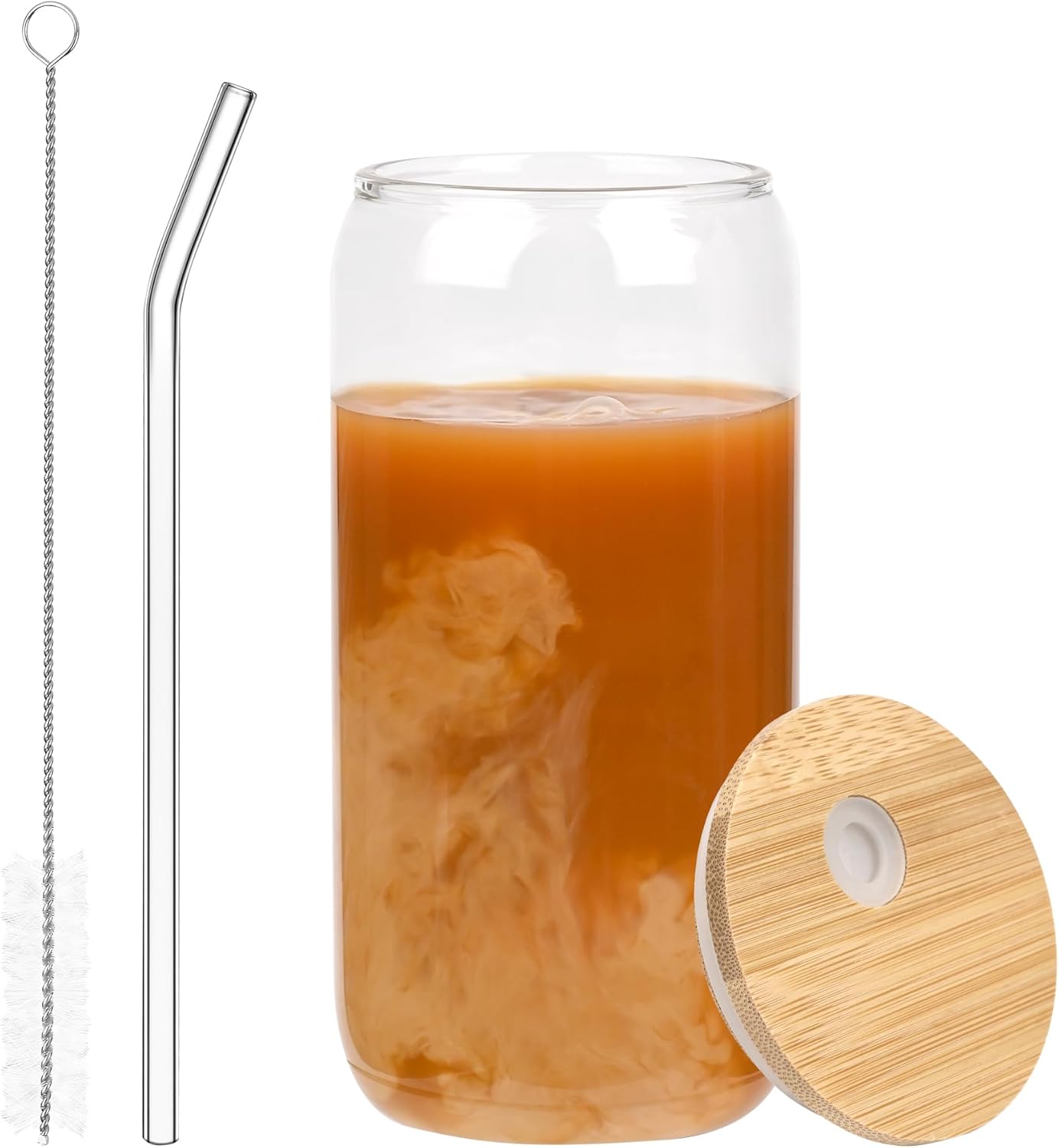 1 PCS iced Coffee Glasses Drinking Glasses cup Beer Glass Cup CLear Old Fashioned Whiskey Cup with bamboo lid and glass straw for Cocktail  Whiskey Mojito Smoothie Iced Coffee