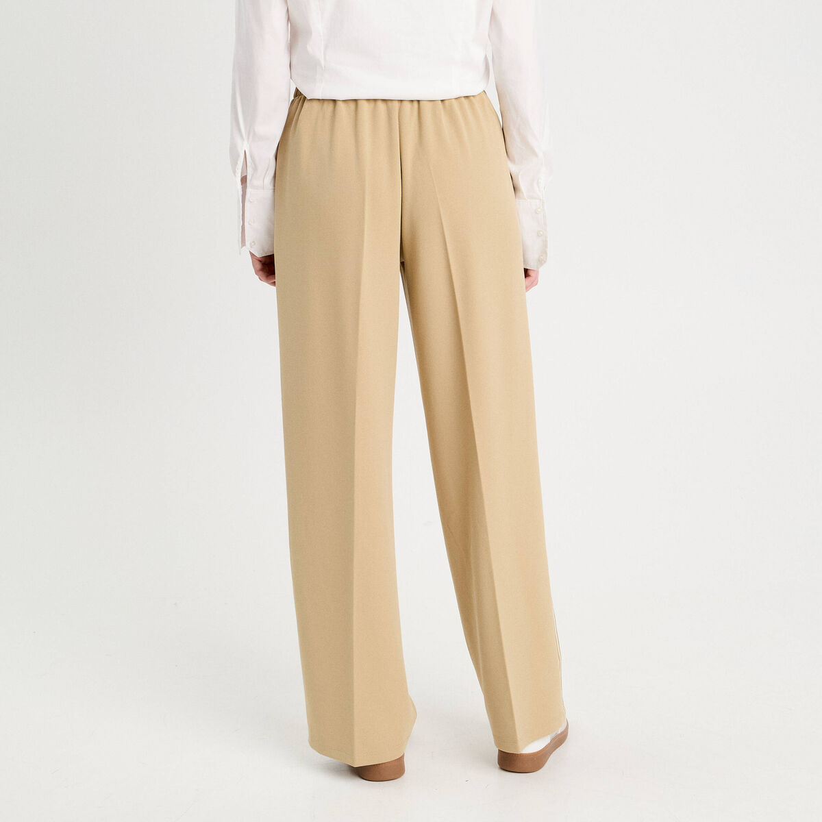 Pantalon large élastiqué beige femme