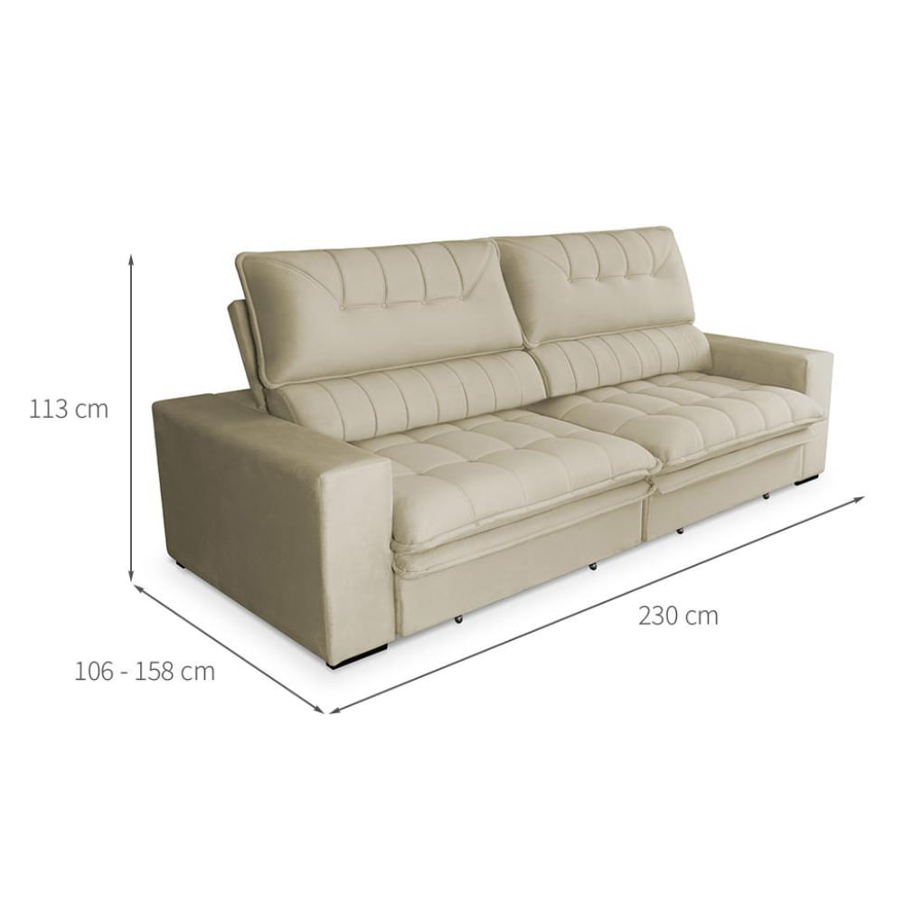 Sofá 3 Lugares Retrátil e Reclinável Mustang Veludo Bege 230 cm