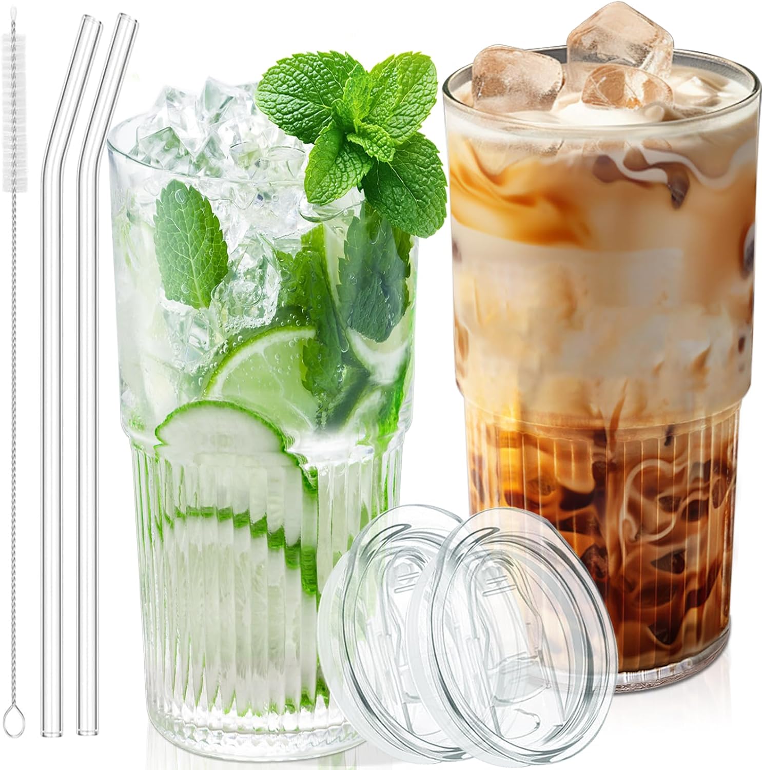 18.5oz Glass Cups with Lids and Straws - Set of 2 Reusable Tumblers  Thickened Shatter-Resistant Glass  Ideal for Iced Coffee  Smoothies  Cocktails  Juices - Elegant & Durable Drinkware