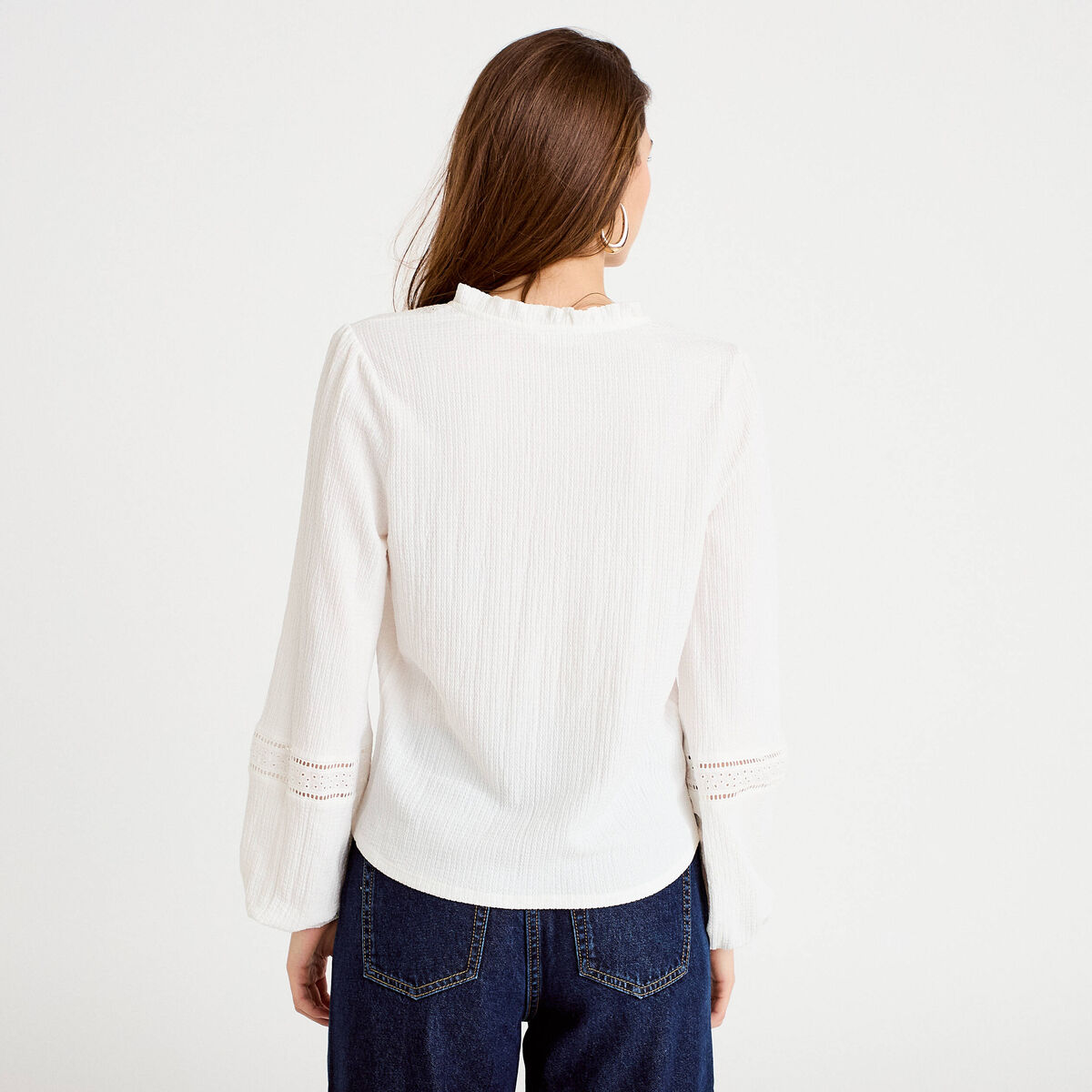 Blouse broderie col V manches longues ecru femme