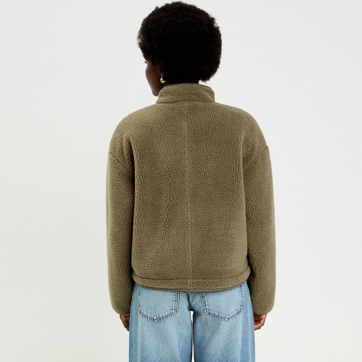 Veste droite courte effet polaire vert kaki femme