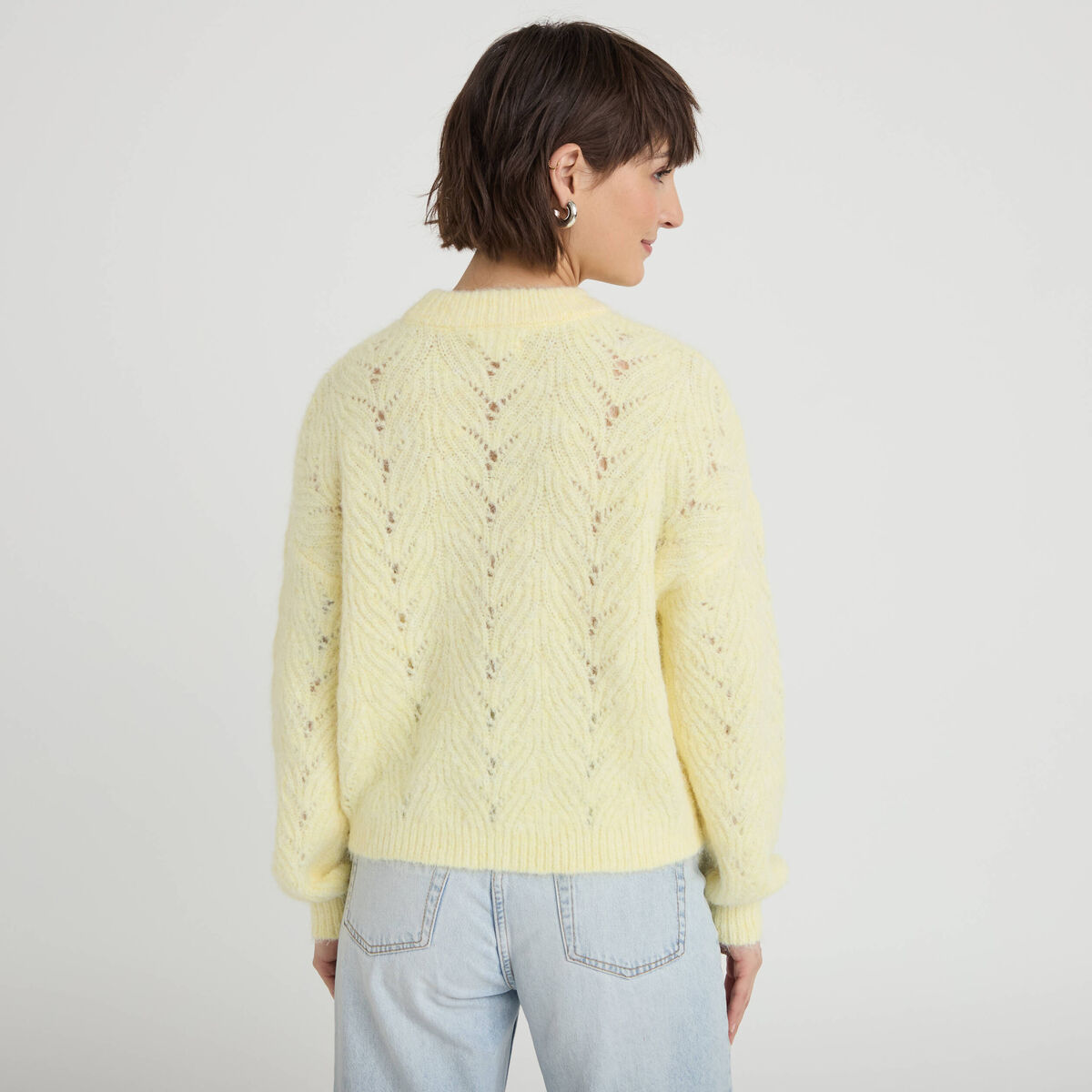 Pull ajouré manches longues jaune clair femme