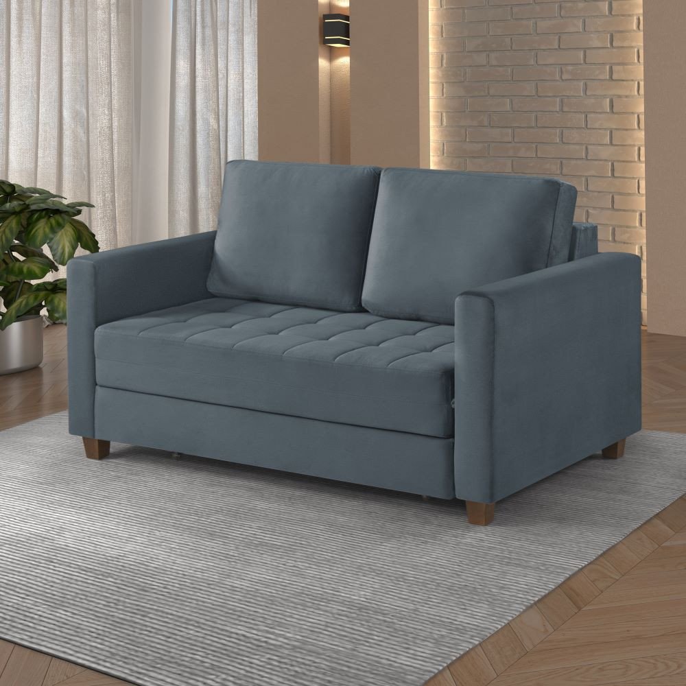 Sofá Cama Marcelle 2 Lugares 150 Casal Veludo Paris Pés de Madeira - Talento Móveis