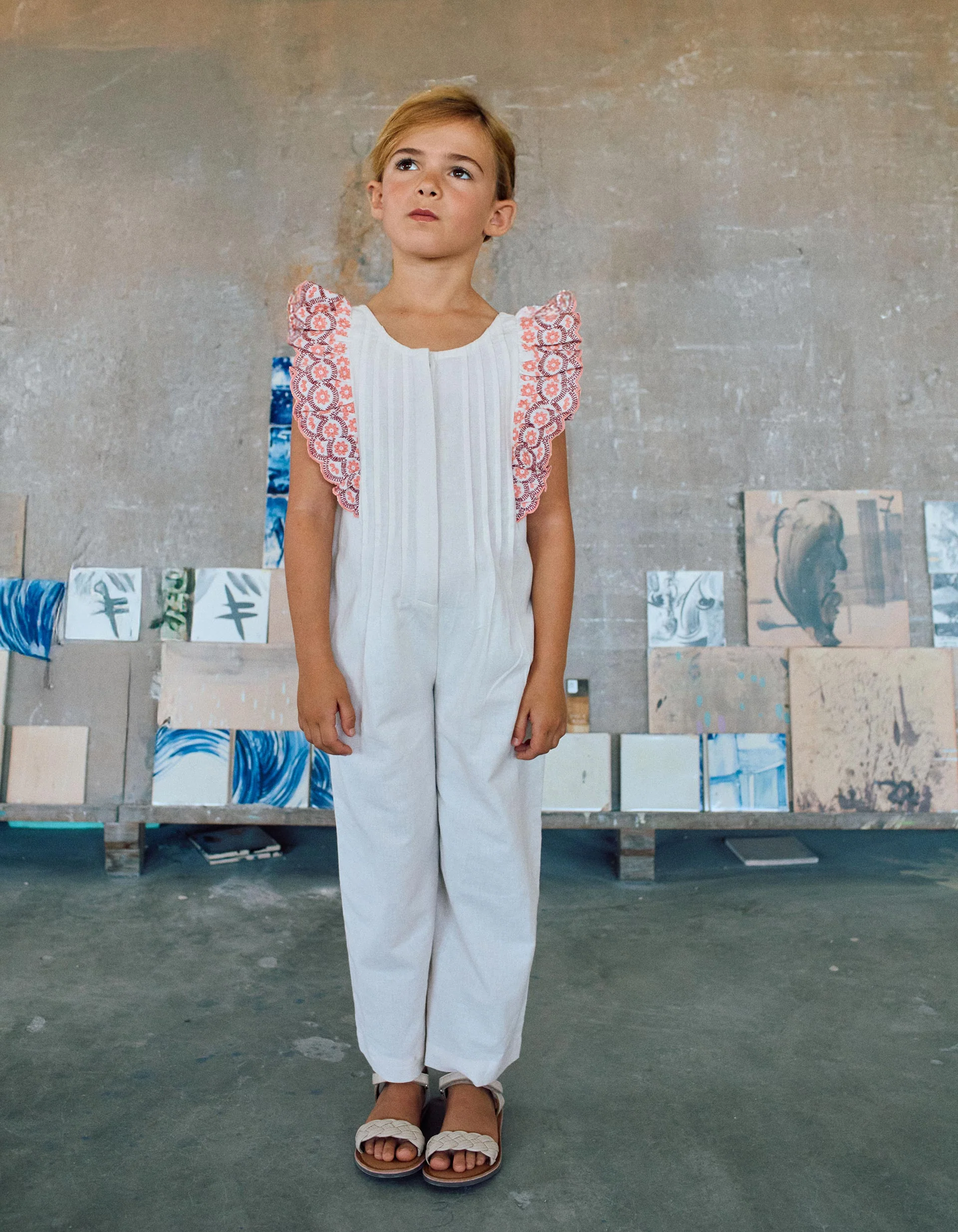 Wide leg cotton jumpsuit with ruffles for girls, white/pink