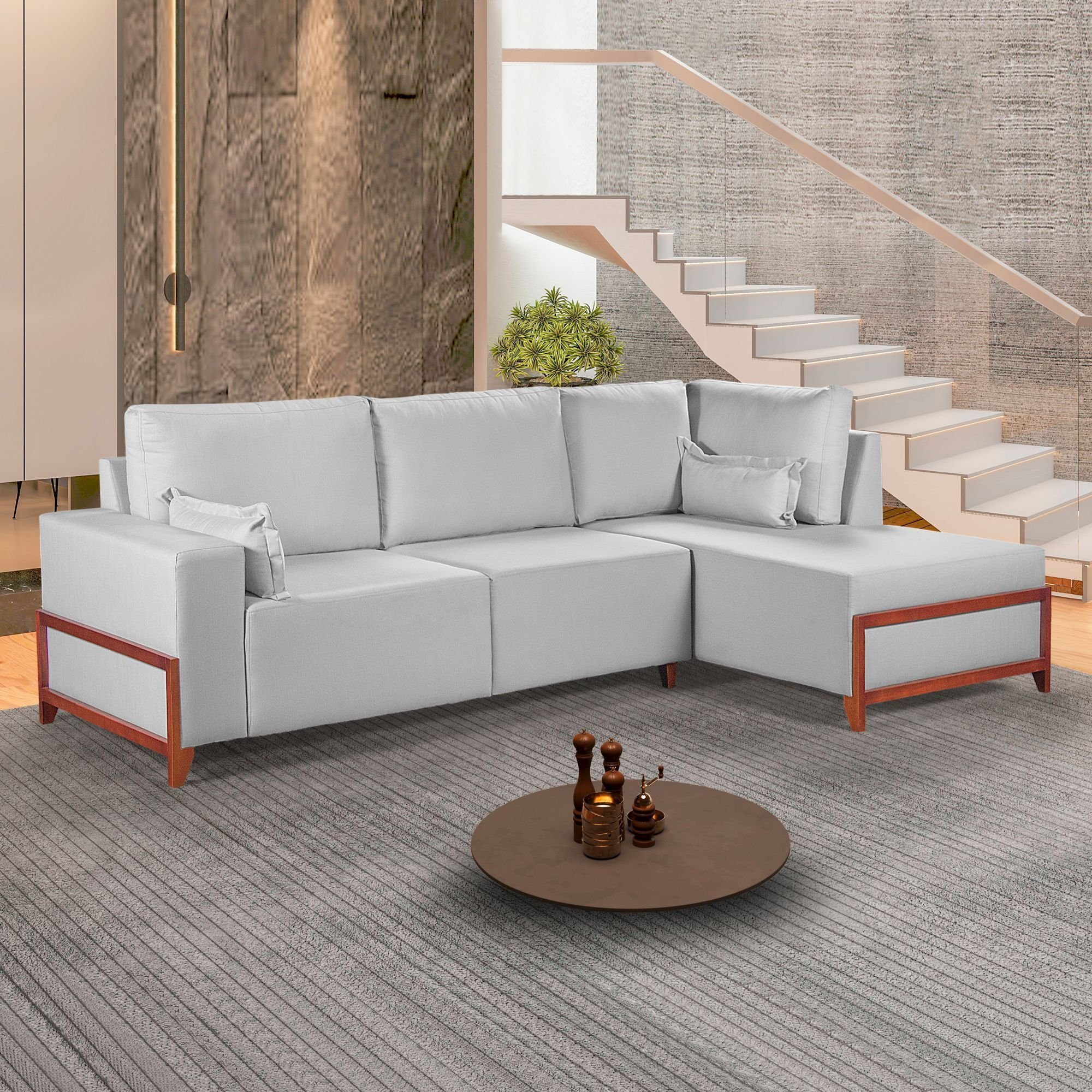 Sofá 4 lugares Bipartido com Chaise 2,75 x 1,60m Holanda Base Madeira