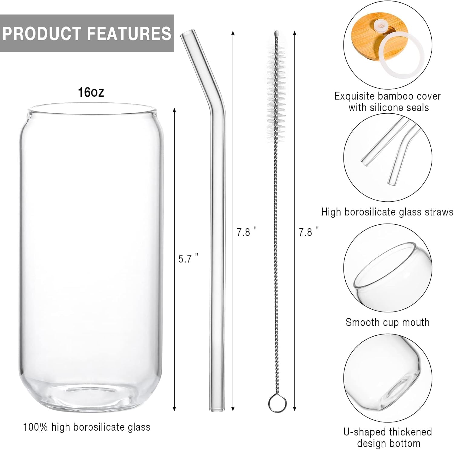 4 Pack Glass Cups Set 16oz Drinking Glasses with Bamboo Lids and Straws Beer Glass Tumbler for Mojito Soda Smoothies Whiskey Iced Coffee Cocktail Tea Juice