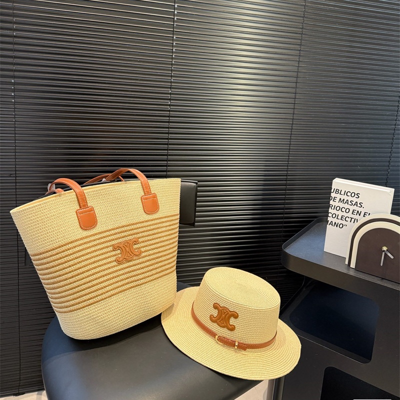 セリーヌ 編みバッグ+編み帽子 セット 夏 新作 組み合わせ celine かご バッグ 編み込み ショルダーバッグ レザー ショッピングバッグ おしゃれ ハンドバッグ