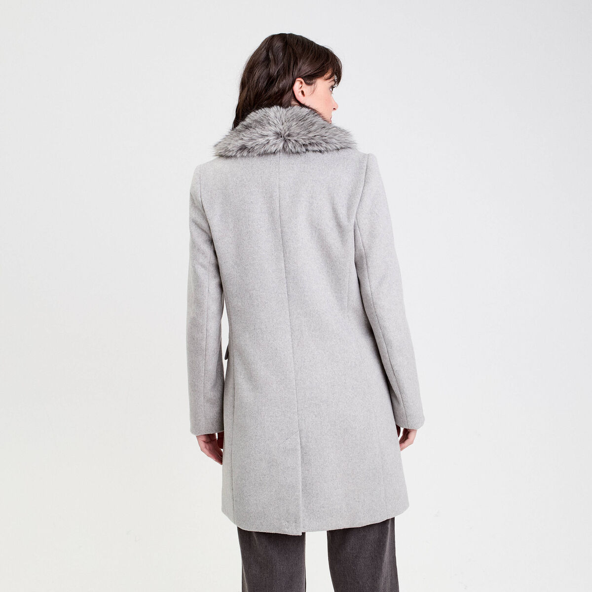 Manteau col fausse fourrure gris clair femme