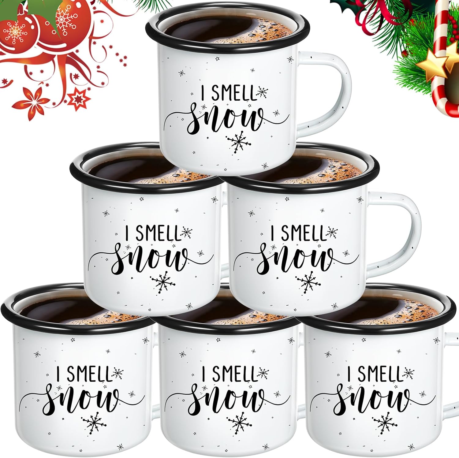 6 Pieces I Smell Snow Enamel Mugs for Christmas  Winter Snowflakes Camping Coffee Mug  Xmas Hot Chocolate With Handle for Family Friends Wife Holiday Gifts