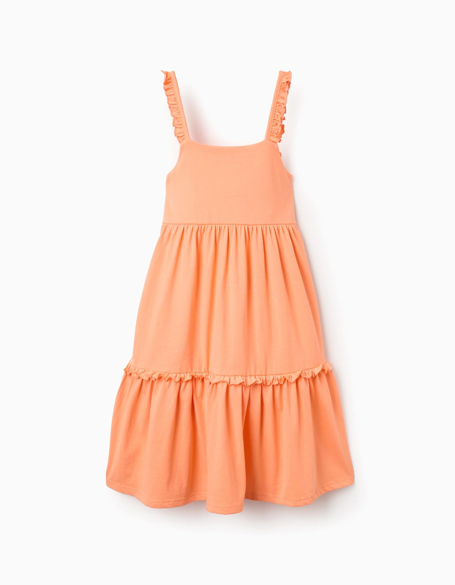 Sleeveless cotton dress with ruffled straps for girls, orange