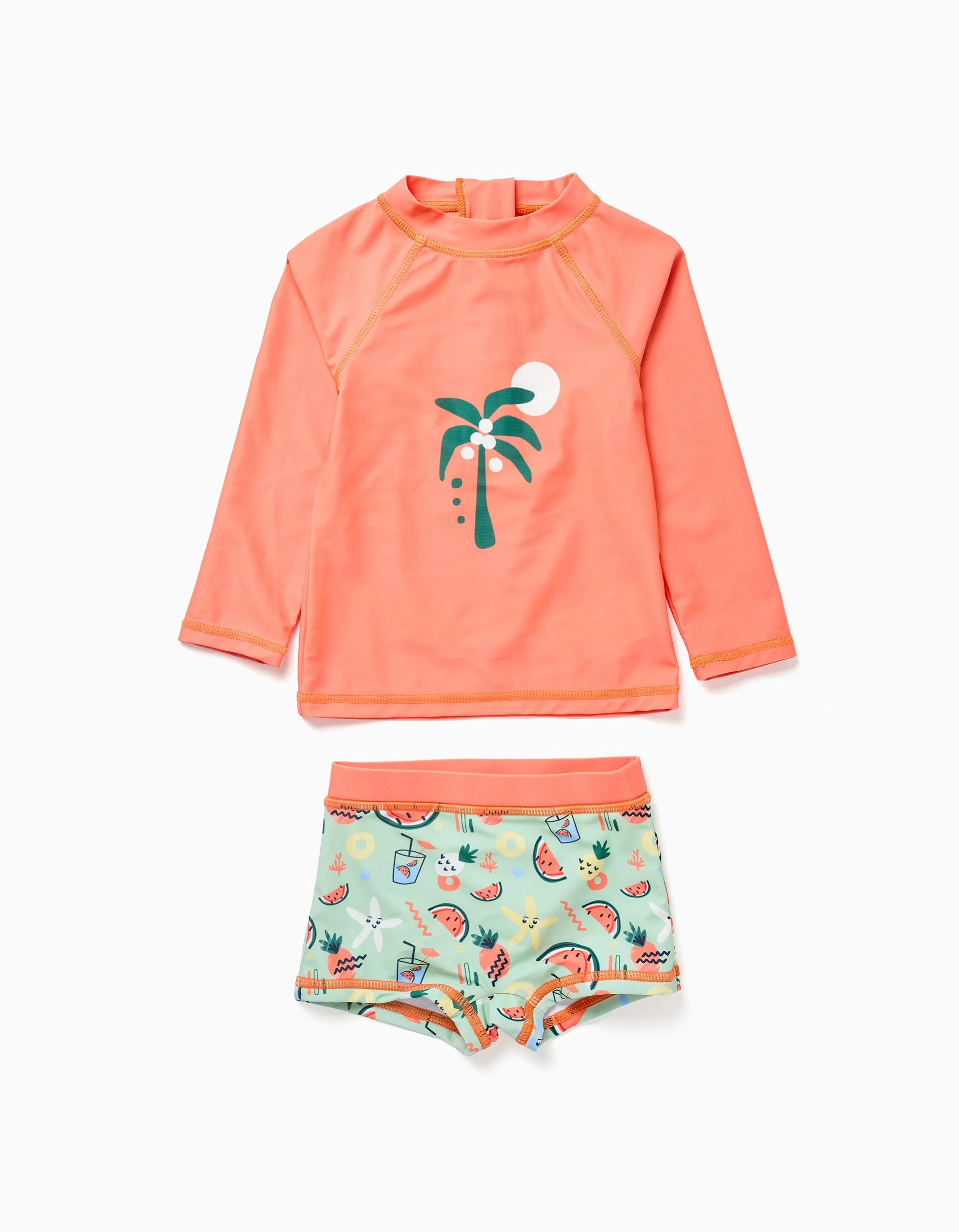 Swim set with UV 40+ protection and motif for baby boys, orange/green