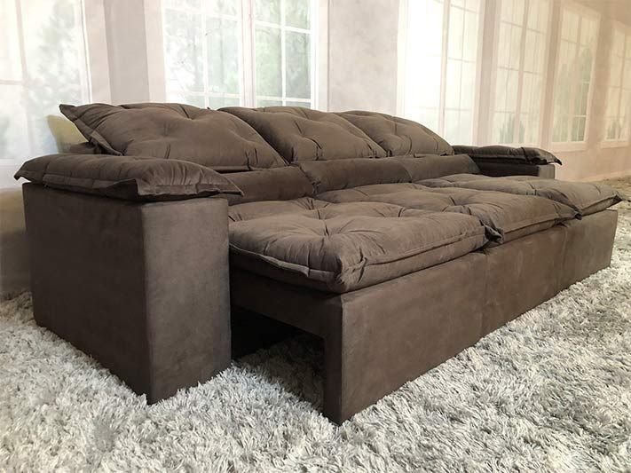 Sofá Retrátil e Reclinável 2,70m em Tecido Veludão C/pillow Nos Braços Athenas:marrom/270cm