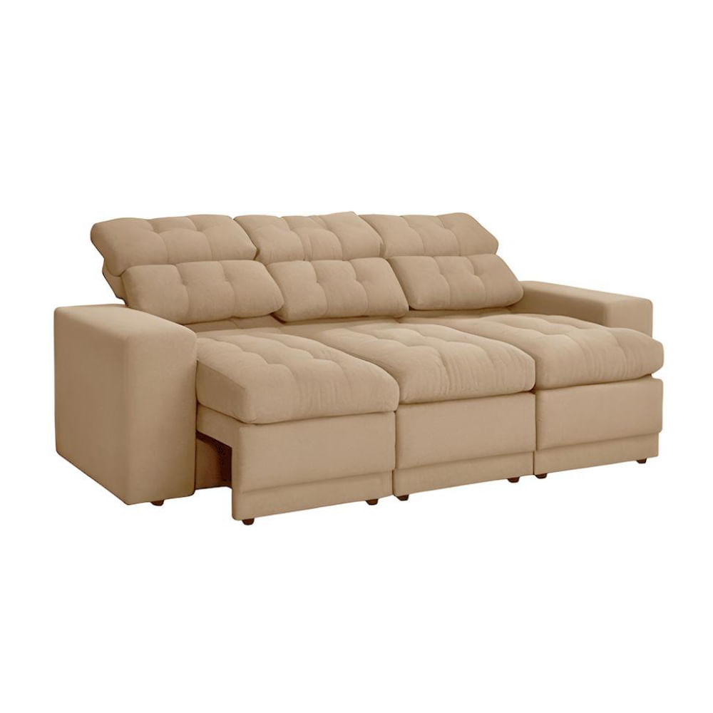 Sofá 3 Lugares Retrátil e Reclinável Baden Suede Bege 230 cm